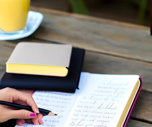 photo of woman's hand writing in journal for just five minutes blog