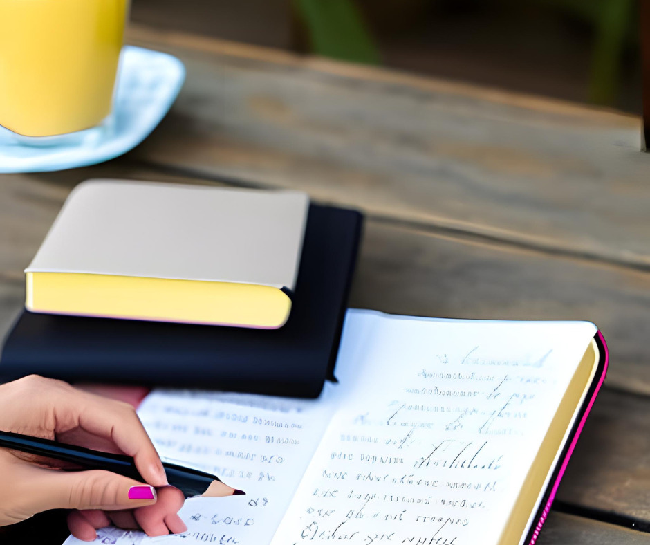 photo of woman's hand writing in journal for just five minutes blog