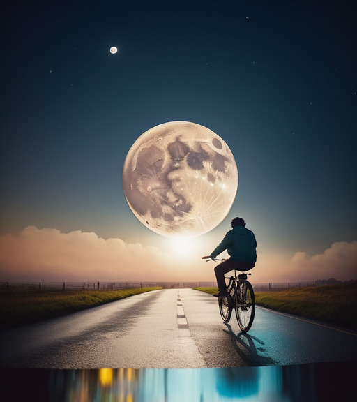 picture of a bicycle with a moon and reflection