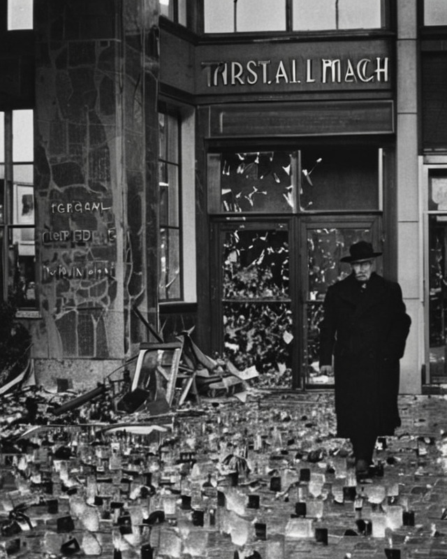 Photo of man standing by broken glass and yahrzeit candles Kristallnacht (Created by starrai)