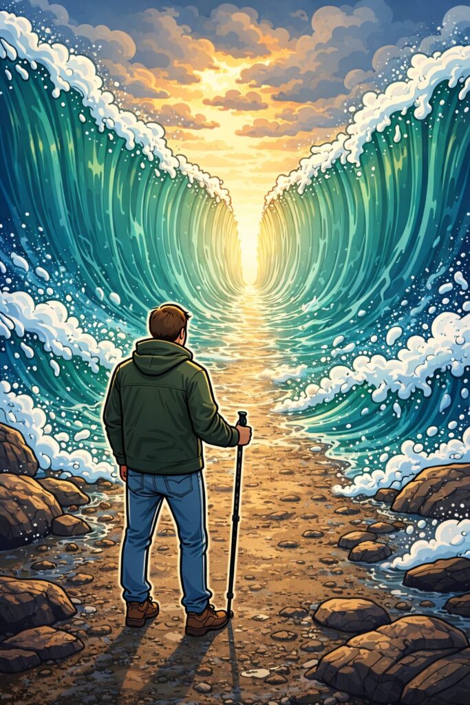 Journey through the parted seas, image created by Chat GPT